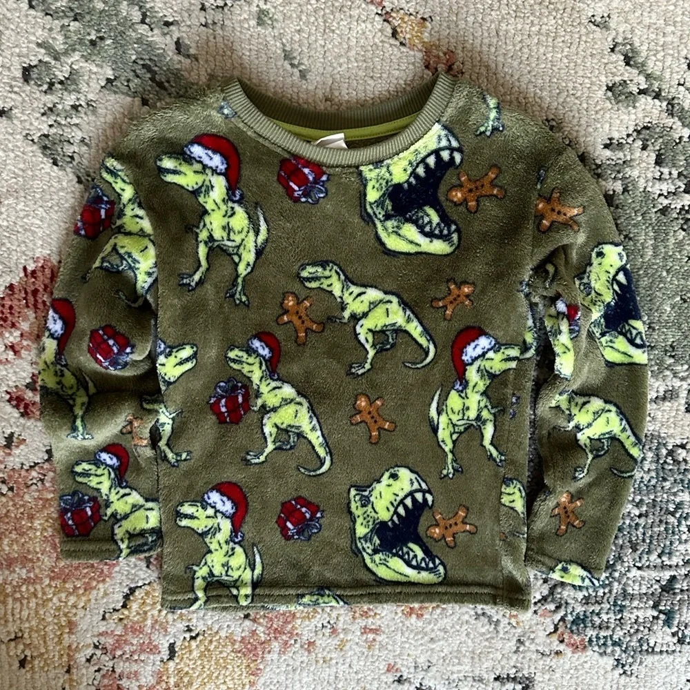 Cat & Jack Dinosaur Christmas Fleece Cozy Pullover EUC XS (4/5) So soft